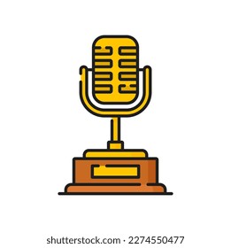 Microphone radio equipment, golden line award trophy icon. Vector singing or speaking gold tool, reward. Mic for singer or leading concert device