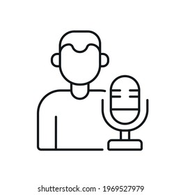 Microphone and radio host linear icon. Podcast. Thin line customizable illustration. Contour symbol. Vector isolated outline drawing. Editable stroke