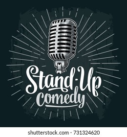 Microphone with rays. Lettered text Stand-Up comedy. Vintage vector color engraving illustration for poster, web. Isolated on dark background.