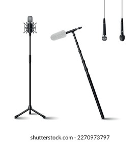 Microphone realistic icons set with standing and hanging audio equipment isolated vector illustration