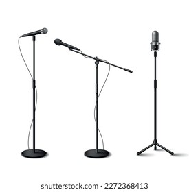 Microphone realistic icons set with standing audio equipment isolated vector illustration