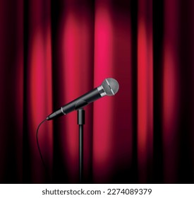 Microphone realistic poster with audio equipment on red curtain background vectro illustration