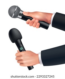 Microphone realistic set with journalist hands holding audio equipment vector illustration