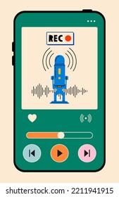 Microphone and rec title on phone screen. Podcast recording and listening, broadcasting, online radio, audio streaming service concept. Hand drawn vector isolated illustrations