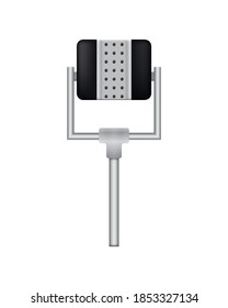 Microphone. Recorder or dictaphone for reporters. Record for multimedia. Audio podcast broadcast or music record technology. Broadcasting concert equipment