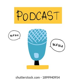 Microphone for recording audio messages. Blogger attributes. Record a new podcast. Vector image