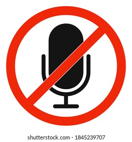 Micrófono con señal de prohibición roja. No hay señal de micrófono. El micrófono está prohibido firmar aislado. Ilustración vectorial.