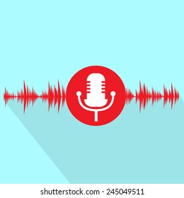 microphone red icon with sound wave flat design vector illustration
