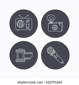 Microphone, retro camera and photo icons. Vintage radio linear sign. Flat icons in circle buttons on white background. Vector