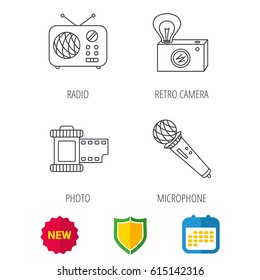Microphone, retro camera and photo icons. Vintage radio linear sign. Shield protection, calendar and new tag web icons. Vector