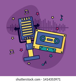 microphone retro cassette music colorful background vector illustration