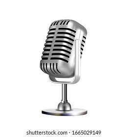 Microphone Retro Vocal Radio Equipment Vector. Audio Microphone For Online Anchorperson Studio Or Karaoke Bar Device. Chrome Silver Color Concept Template Realistic 3d Illustration