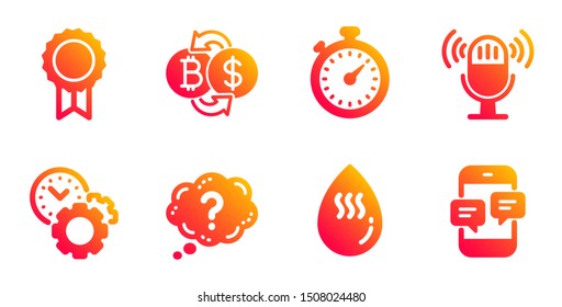 Microphone, Reward and Time management line icons set. Bitcoin exchange, Timer and Hot water signs. Question mark, Phone messages symbols. Mic, Best medal. Business set. Vector