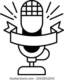 A microphone with a ribbon behind it. The ribbon is white and has a red stripe