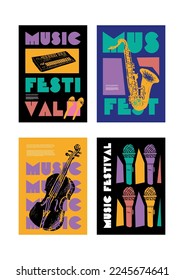 Microphone, saxophone, violin, alto, viola, synthesiser. Music festival poster. Musical instruments. Competition. A set of vector illustrations. Minimalistic design. Banner, flyer, cover, print.