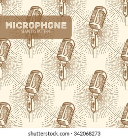 Microphone seamless pattern. Vintage style, hand drawn pen and ink.  Vector seamless pattern. Retro design element for electronics store packaging, studio, disco or karaoke club, or t-shirt design