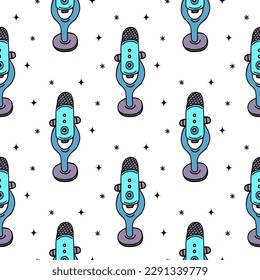 Microphone seamless vector pattern. Shiny device for podcast, stream, radio, asmr. Simple doodle, bright color illustration. Flat cartoon mic. Background for wallpapers, packaging, posters, web