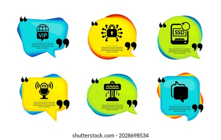 Microphone, Security Lock And Vip Internet Icons Simple Set. Speech Bubble With Quotes. Recovery Ssd, Attraction And Messenger Signs. Mic, Cyber Network, Exclusive Privilege. Vector