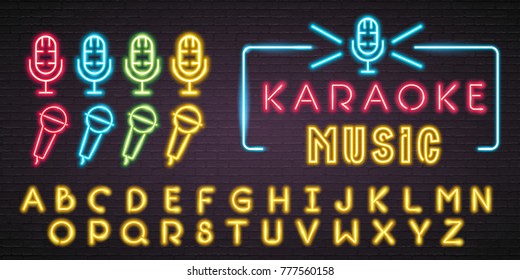 Microphone Set and Alphabet Yellow Colour Signs Neon Light Glowing Vector Graphic Illustration Bright. Luminous Signboard, Nightly Advertising. Editing Text Neon Sign Neon Alphabet