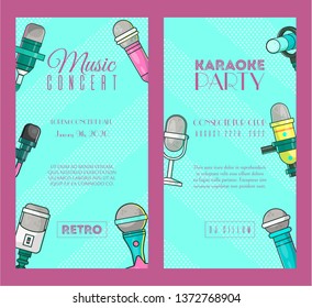 Microphone set of banners vector illustration. Live music concert. Karaoke party posters. Recording songs by singers. Festival advertisement. Public performance. Singing in clubs.