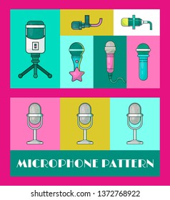 Microphone set of banners vector illustration. Live concert with music. Karaoke party. Music festival. Retro singers and recordings. Wireless technologies for press and mass media.