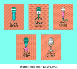 Microphone set of cards vector illustration. Live concert with music. Karaoke party. Music festival. Retro singers and recordings. Wireless technologies for press and mass media.