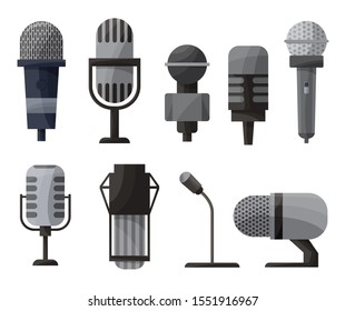 Microphone set in cartoon style. Microphones for audio podcast broadcast. illustration isolated on white background
