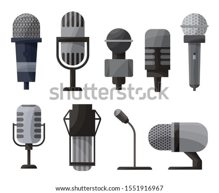 Microphone set in cartoon style. Microphones for audio podcast broadcast. illustration isolated on white background
