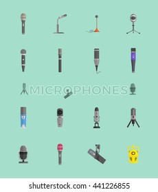 Microphone set design flat isolated icon, vintage microphone stand, sound media, record vocal musical web broadcasting microphone vector illustration