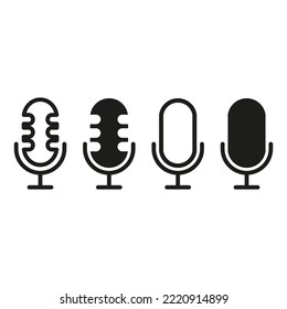 Microphone set icon. Mike, mouthpiece, transmitter, voice recorder, sound track, song, voice message. Speech concept. Vector black set icon on a white background