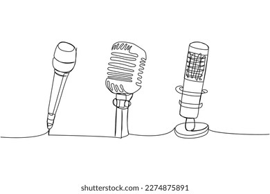 Microphone set one line art. Continuous line drawing of musical, retro, broadcasting, microphone, radio, music, karaoke, audio, sound, retro, record, broadcast, media