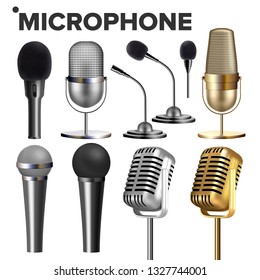 Microphone Set Vector. Audio Equipment. Music Icon. Vintage Concert. Modern And Retro. Communication Musical Symbol. Performance Karaoke Object. 3D Realistic Illustration