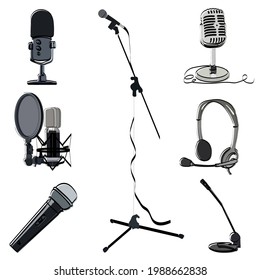 Microphone Set vector microphones for audio podcast broadcast or music record technology set of broadcasting concert equipment illustration isolated on white background. Drawn.