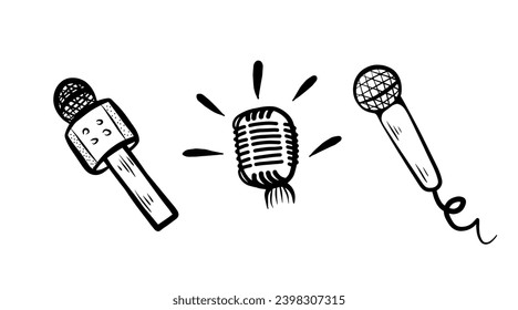 Microphone set with wire isolated on white background. Musical item for singing, performances, karaoke. Vector hand drawn illustration in doodle style. Perfect for cards, decorations, logo.