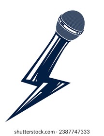 Microphone in a shape of lightning, mic like a bolt, breaking news concept, rap battle rhymes music, karaoke singing or standup comedy, vector logo or illustration.