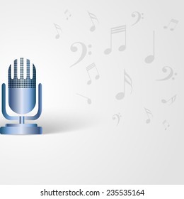 Microphone shape over musical notes pattern background. Creative music background concept.