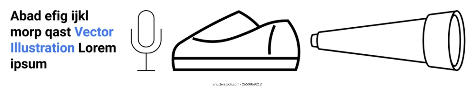 Microphone, shoe, and telescope in minimalist black outline. Bold and italic text near microphone. Ideal for graphic design, minimalism, upfront communication, technology, astronomy enthusiasts