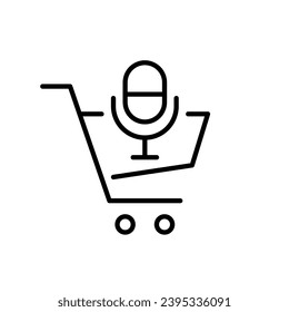 Microphone in shopping cart. Voice activated shopping. Personal AI assistant. Pixel perfect, editable stroke