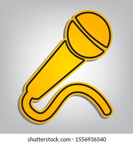 Microphone sign illustration. Flat orange icon with overlapping linear black icon with gray shadow at whitish background. Illustration.