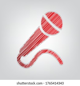 Microphone sign illustration. Red gradient scribble Icon with artistic contour gray lines on light gray Background. Illustration.