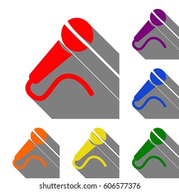 Microphone sign illustration. Set of red, orange, yellow, green, blue and violet icons at white background with flat shadow.