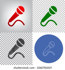 Microphone Sign Illustration. Vector. 4 Styles. Red Gradient In Radial Lighted Background, Green Flat And Gray Scribble Icons On Transparent And Linear One In Blue Circle.