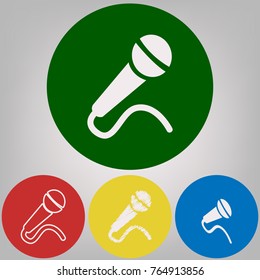 Microphone sign illustration. Vector. 4 white styles of icon at 4 colored circles on light gray background.