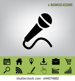 Microphone sign illustration. Vector. Black icon at gray background with bonus icons at celery ones
