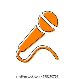 Microphone sign illustration. Vector. Black line icon with shifted flat orange filled icon on white background. Isolated.