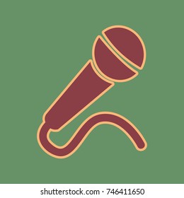Microphone sign illustration. Vector. Cordovan icon and mellow apricot halo with light khaki filled space at russian green background.