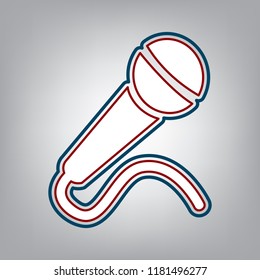 Microphone sign illustration. Vector. Dark red, transparent and midnight green stroke of white icon at grayish background.