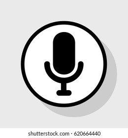 Microphone sign illustration. Vector. Flat black icon in white circle with shadow at gray background.
