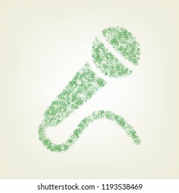 Microphone sign illustration. Vector. Green hexagon rastered icon and noised opacity and size at light green background with central light.