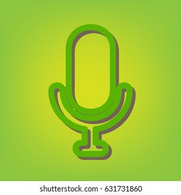 Microphone sign illustration. Vector. Green line icon with brown shadow at green-yellow background.